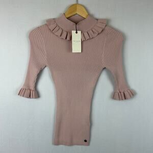 Ted Baker London Katella Fitted Top with Frill Neck Dusky Pink Size 2 or US 4-6